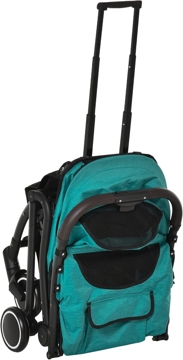 PawHut Pet Travel Stroller Dog Cat Pushchair One-Click Fold Jogger Trolley with EVA Wheels Brakes Basket Storage Bags Adjustable Canopy Zippered Mesh Window Door Blue : Pet Supplies