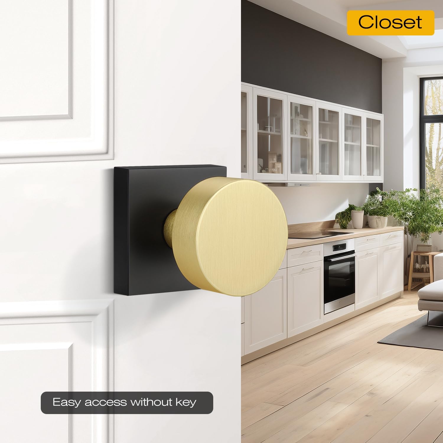 EHOMEWARE 2 Pack Black and Gold Interior Door Knobs, Non-Locking Passage Door Handle for Hallway, Heavy Duty Closet Door Knobs, Reversible for Left & Right Handed Doors