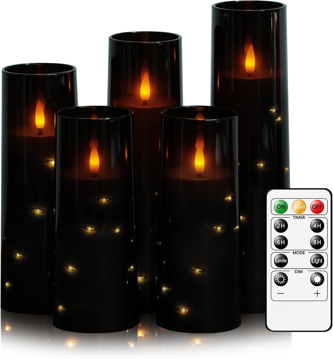 Flameless LED Candles with Timer 5 Pc Flickering Flameless Candles for Romantic Ambiance and Home Decoration Stable Acrylic Shell,with Embedded Star String,Battery Operated Candles?Grey? Black