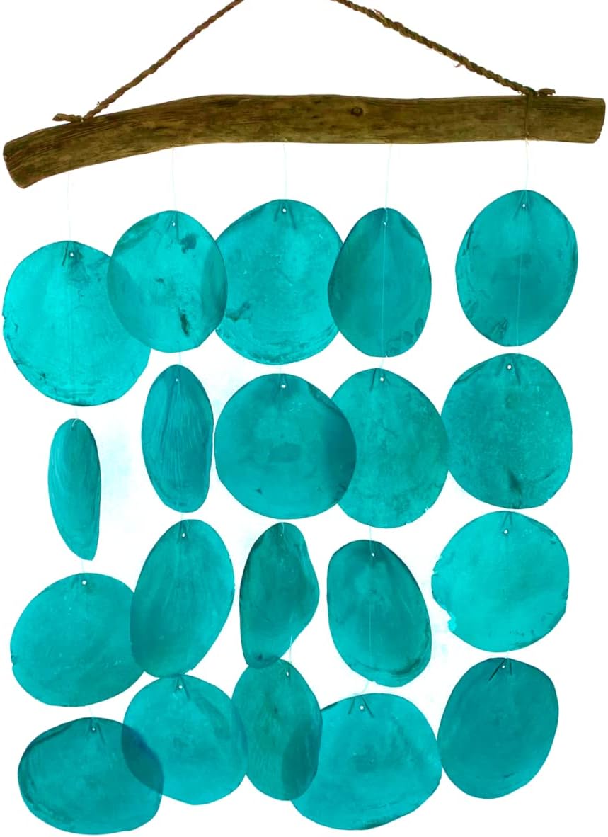 Teal Capiz XL Windchime - Coastal Nautical Wind Chime Hanger, Outdoor Garden Patio Décor