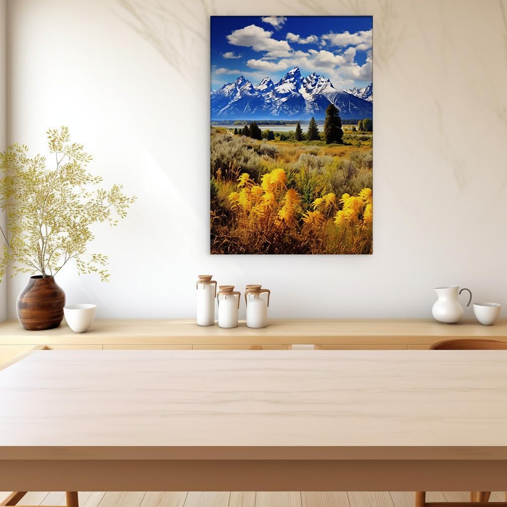 Canvas for Living room. Wyoming's Majestic Grand Teton Range Rises Above a Sea of Yellow Flowers, 27 x 18 inch Canvas Wall Art - Botanical Home Decor - 69x46 cm (27x18 inch)