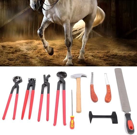 Horse Farrier Tool, 9Pcs Steel Iron Horseshoe Trim Cutter Pliers Horse Hoof Rasp with Ergonomic Handle Hammer Hoof Tool