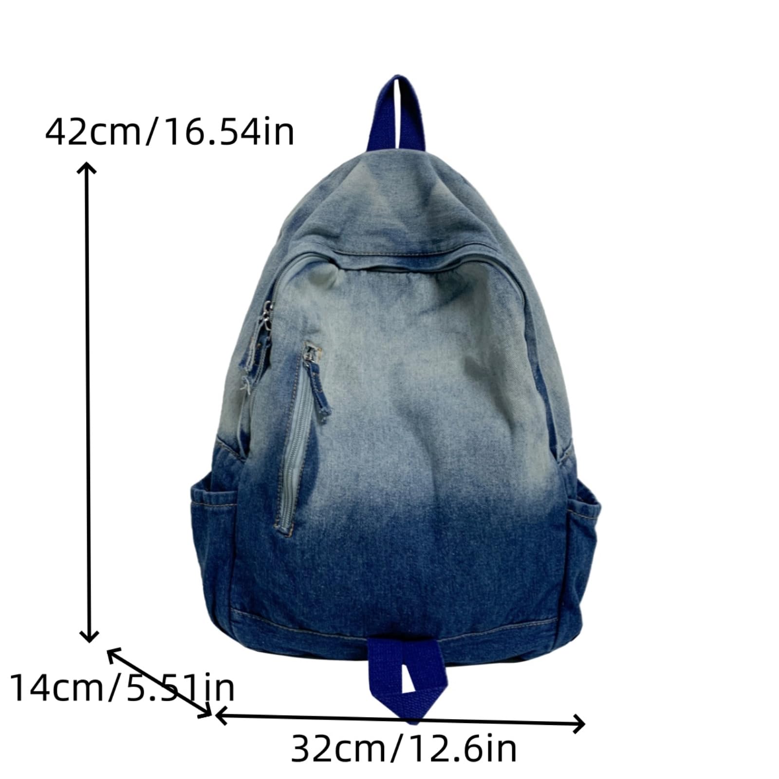 Zaino da Viaggio Gradiente Lavato Denim Spezzato Cerniera Tirare Laterale Bottiglia d'Acqua Tasca Sacco Giorno Vintage per Il Giornaliero del Campus-Blue