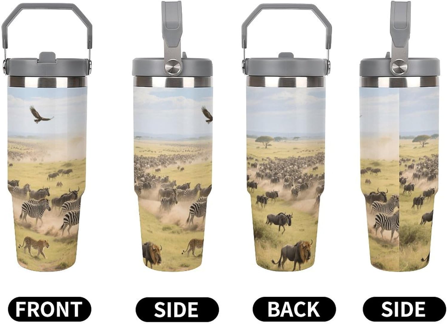 30 Oz Insulated Mug with Handle Lid And Straw Grassland Animal Migration Pattern Large Metal Sports Bottle Great for Gifts Parties Office Coffee