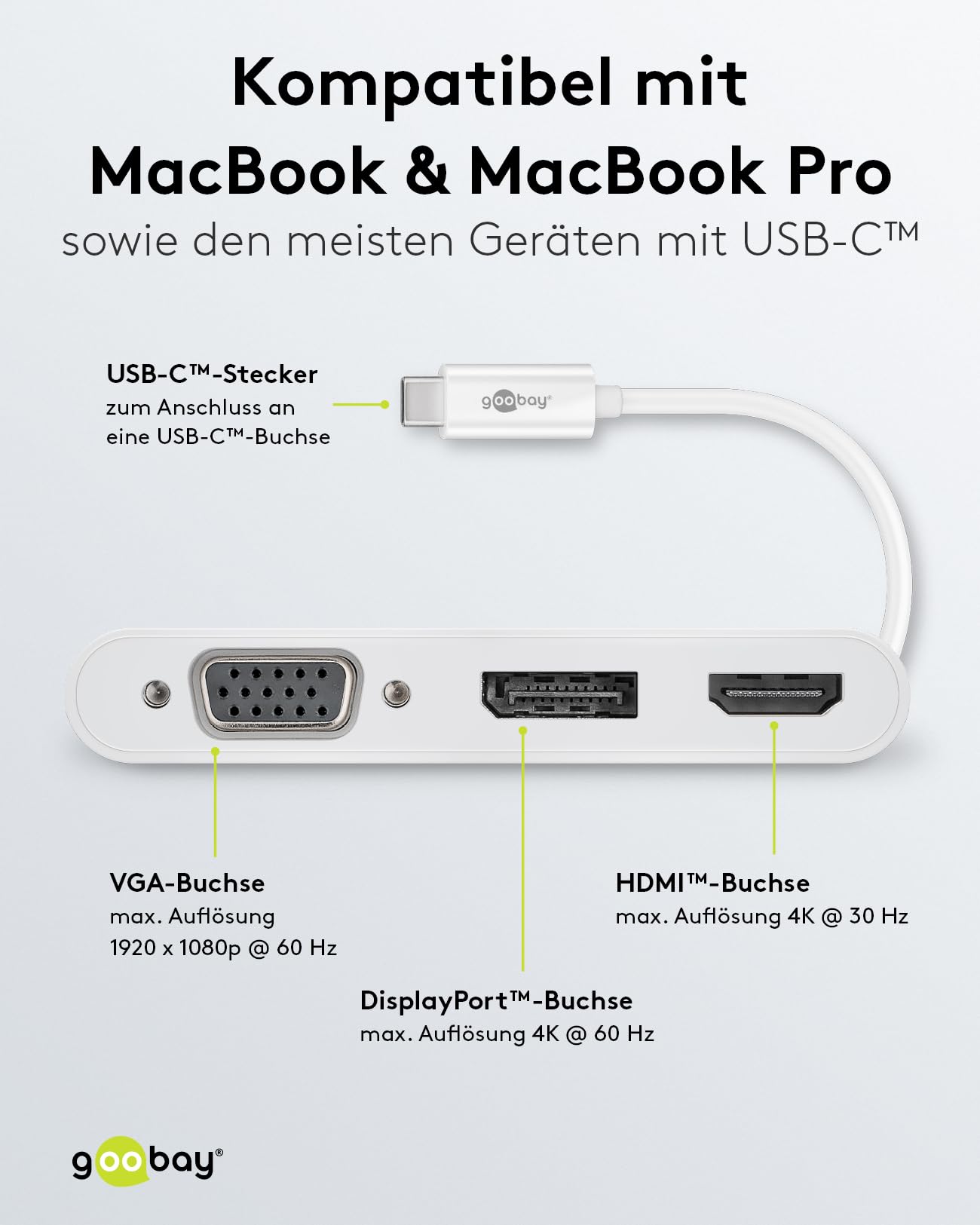 goobay Adaptateur multiport USB-C vers VGA + DP + HDMI - Résolutions jusqu'à Max. 4K x 2K @ 60Hz - Reflète jusqu'à 4 écrans simultanément 52412