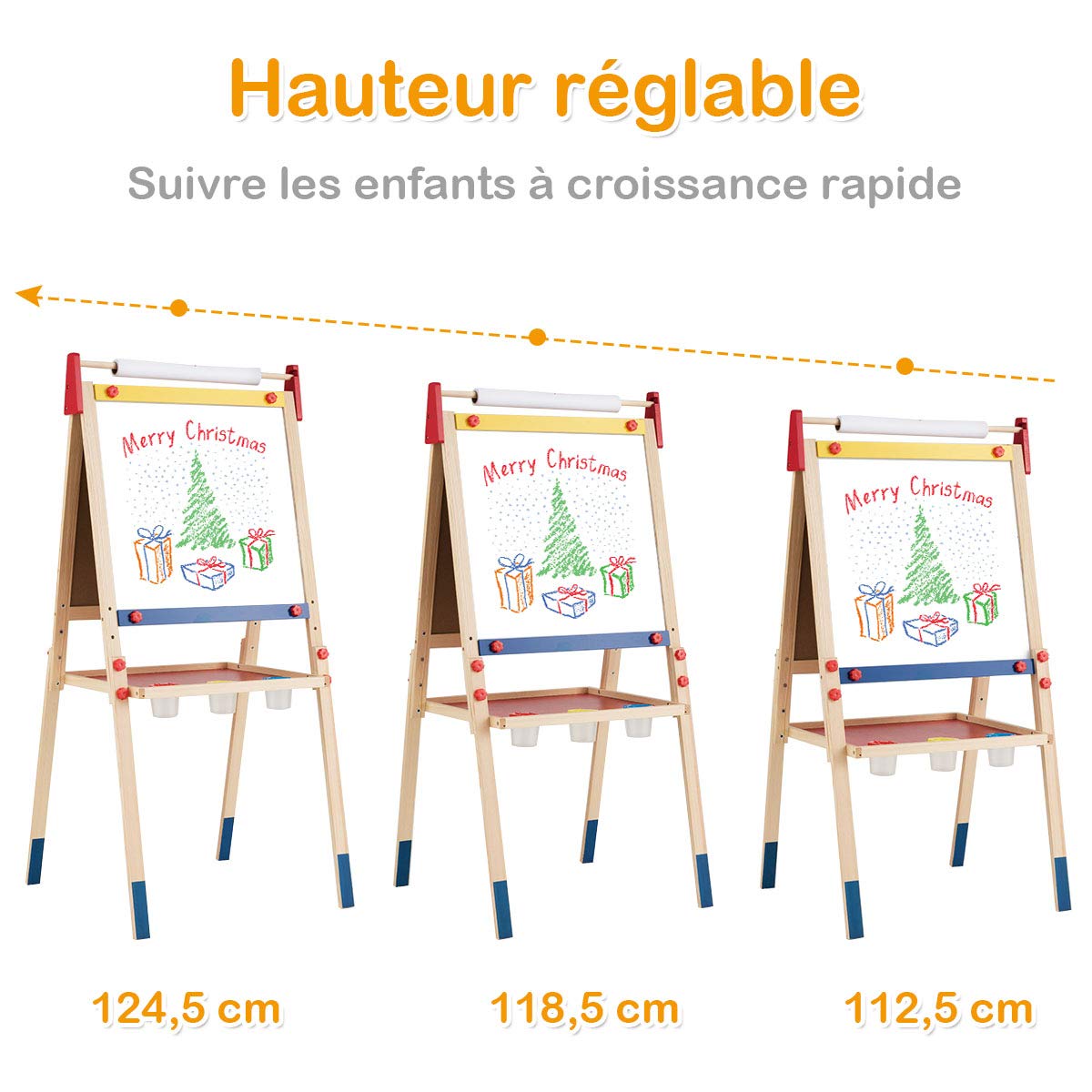 COSTWAY 3 en 1 Chevalet pour Enfants Double Face en Bois de Pin, Tableau Magnétique sur Côté Blanc, Accessoires Complets 3 Hauteurs Disponibles 124,5/118,5/112,5CM