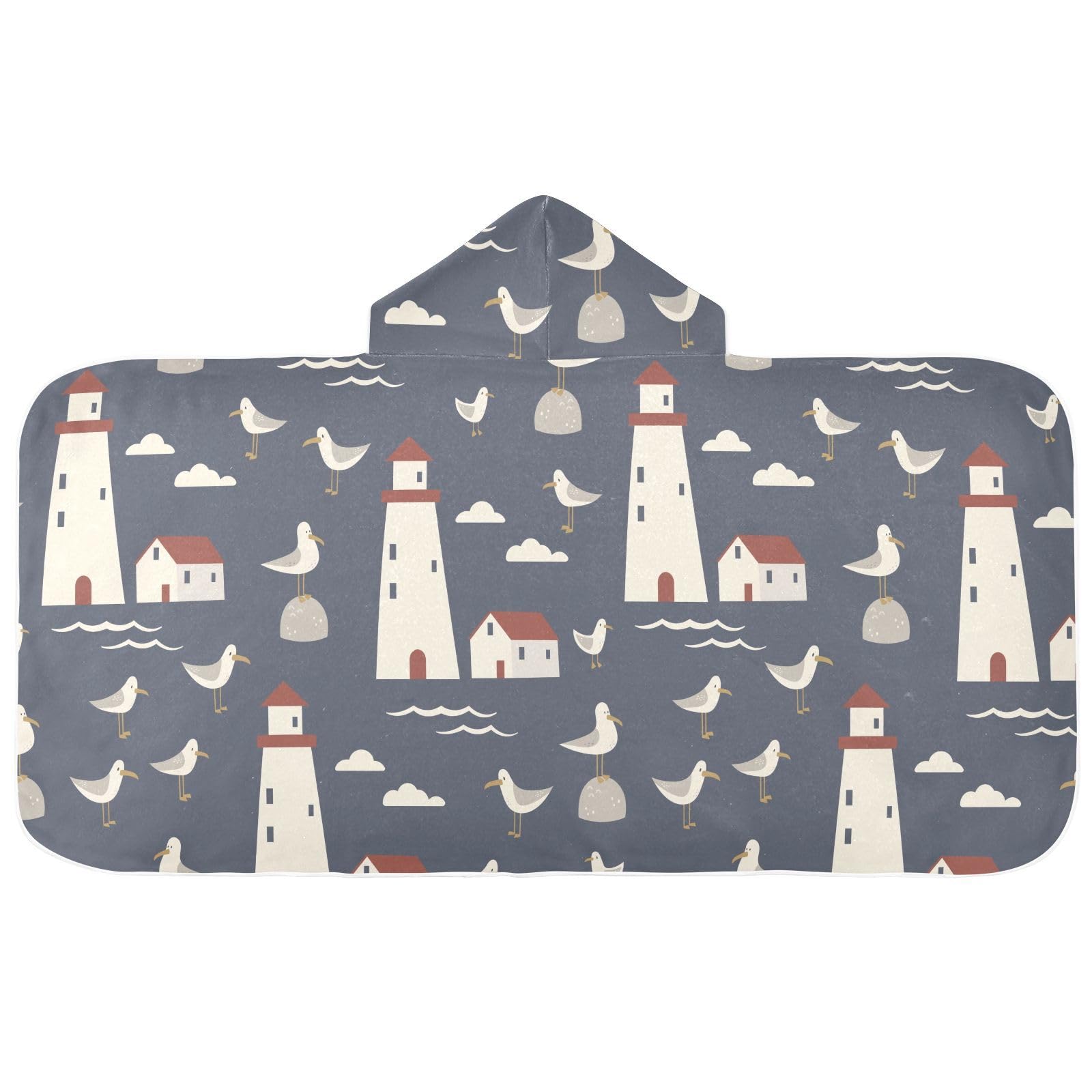 susiyo Kids Hooded Bath Towel Cute Lighthouse Seagulls Beach Towel for Kids 23.5 x 50 Inch Microfiber Soft Absorbent Quick Dry Bath Swim Pool Towel Wrap Poncho Bathrobe with Hood for Kids Toddler