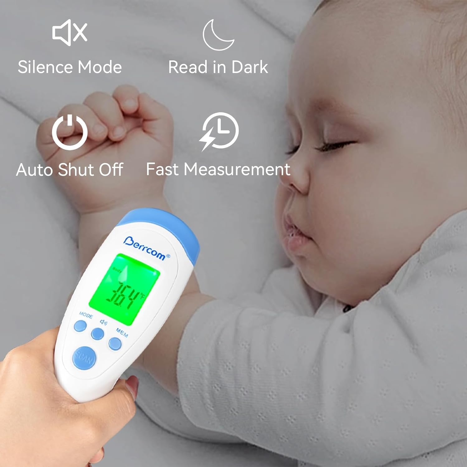 Berrcom Thermomètre infrarouge numérique frontal sans contact Thermomètre avec lecture instantanée Alarme de fièvre 3 couleurs Interrupteur °C/°F