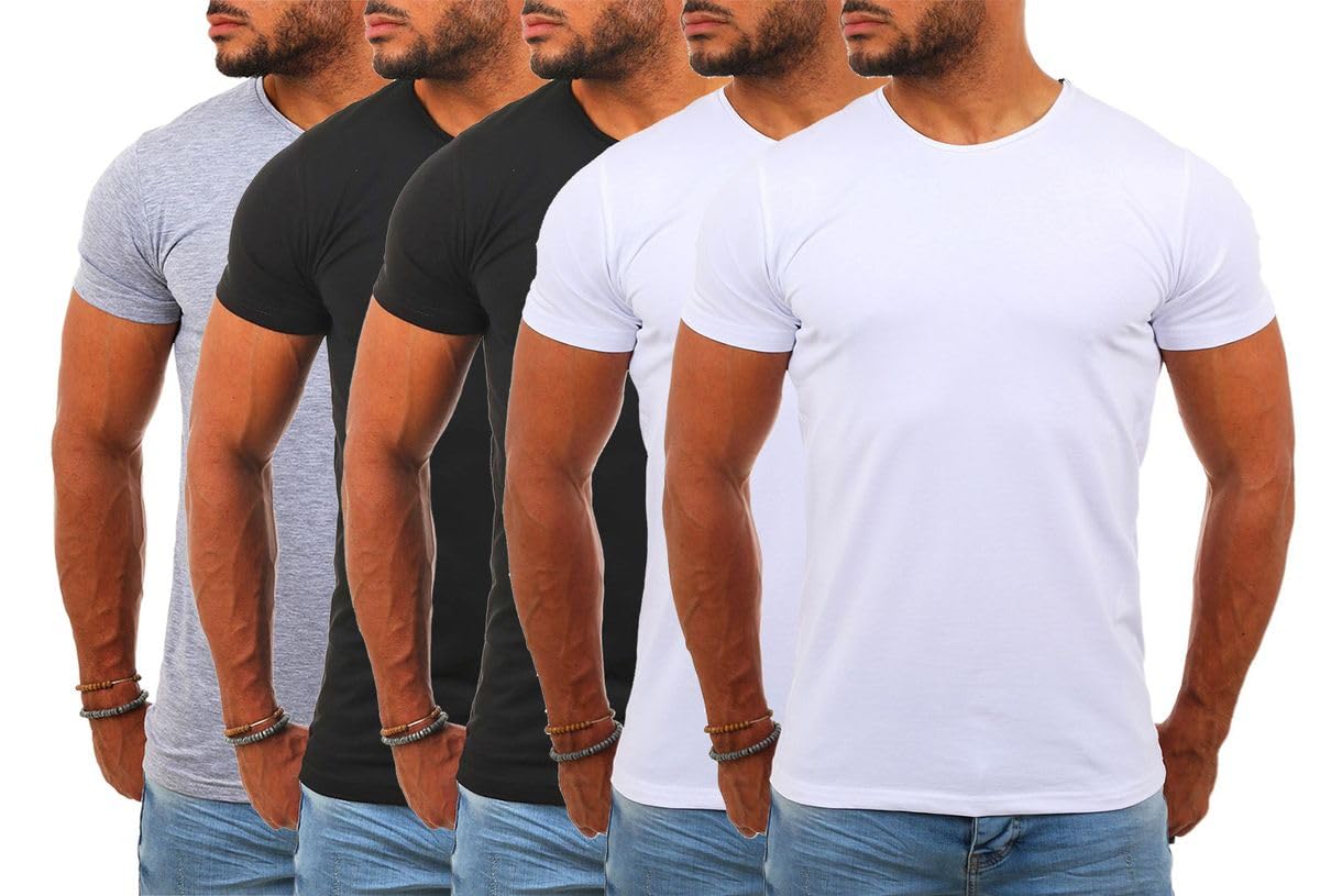 Young & Rich Herren Uni Basic T-Shirt mit Rundhals Ausschnitt einfarbig Stretch körperbetonte Dehnbare Passform 1701