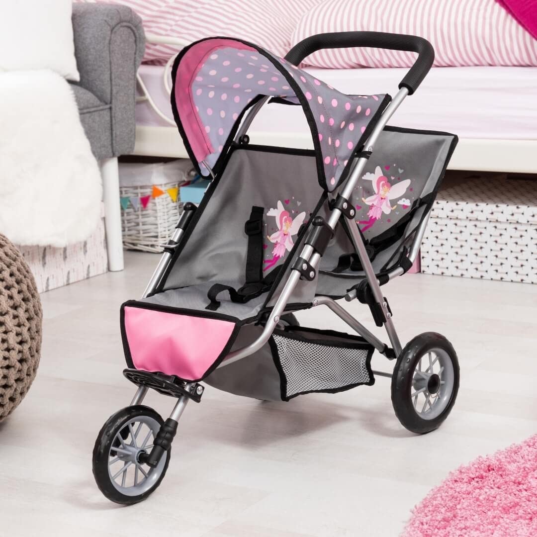 Bayer Design 39166AA Wózek dla lalek Duo, bliźniaczy jogger, składany, z koszem na zakupy, szary, różowy, wróżką