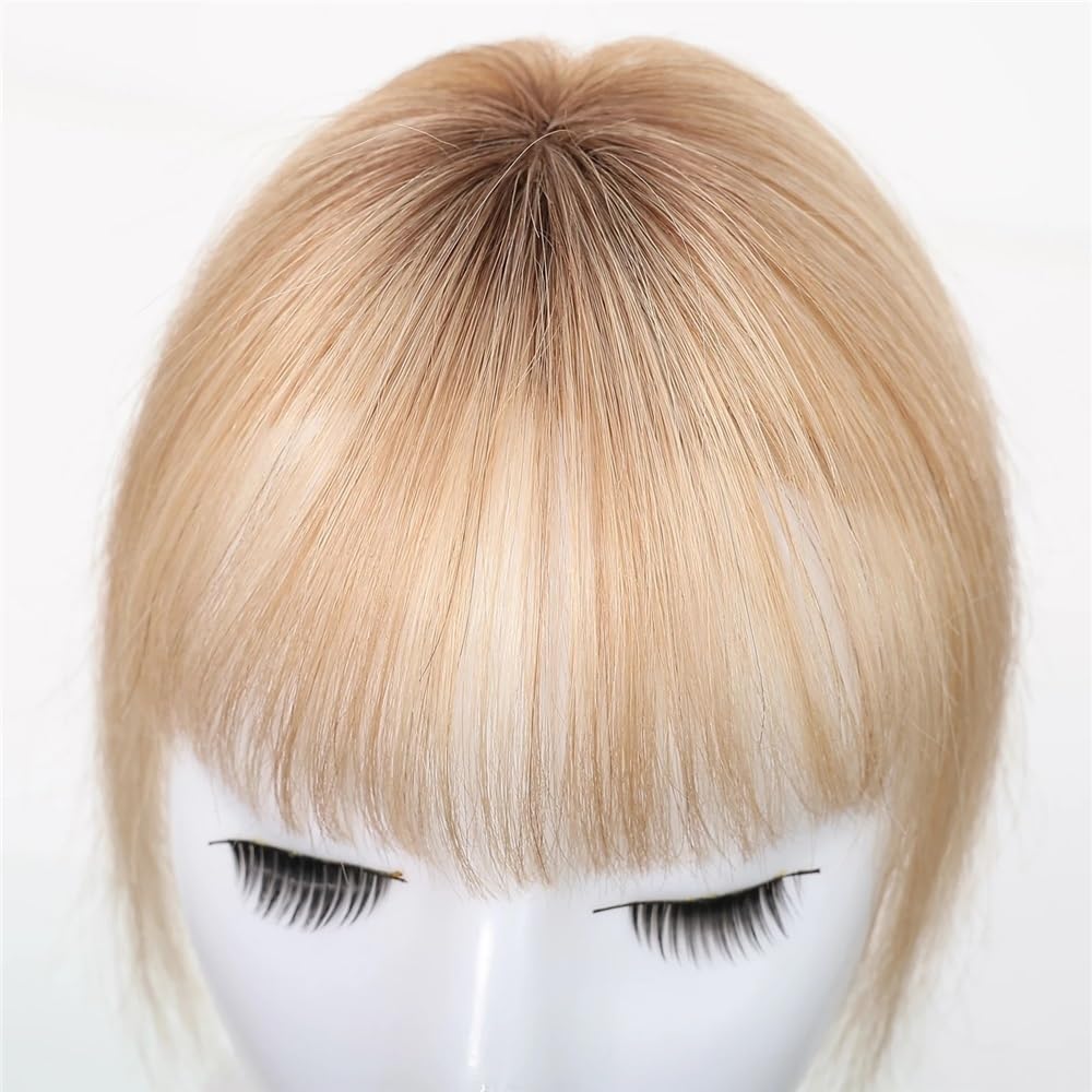 Pony Echthaar Topper mit Pony für Frauen 3D Luftig für Haarausfall 25 cm Frisur (Dark Brown)