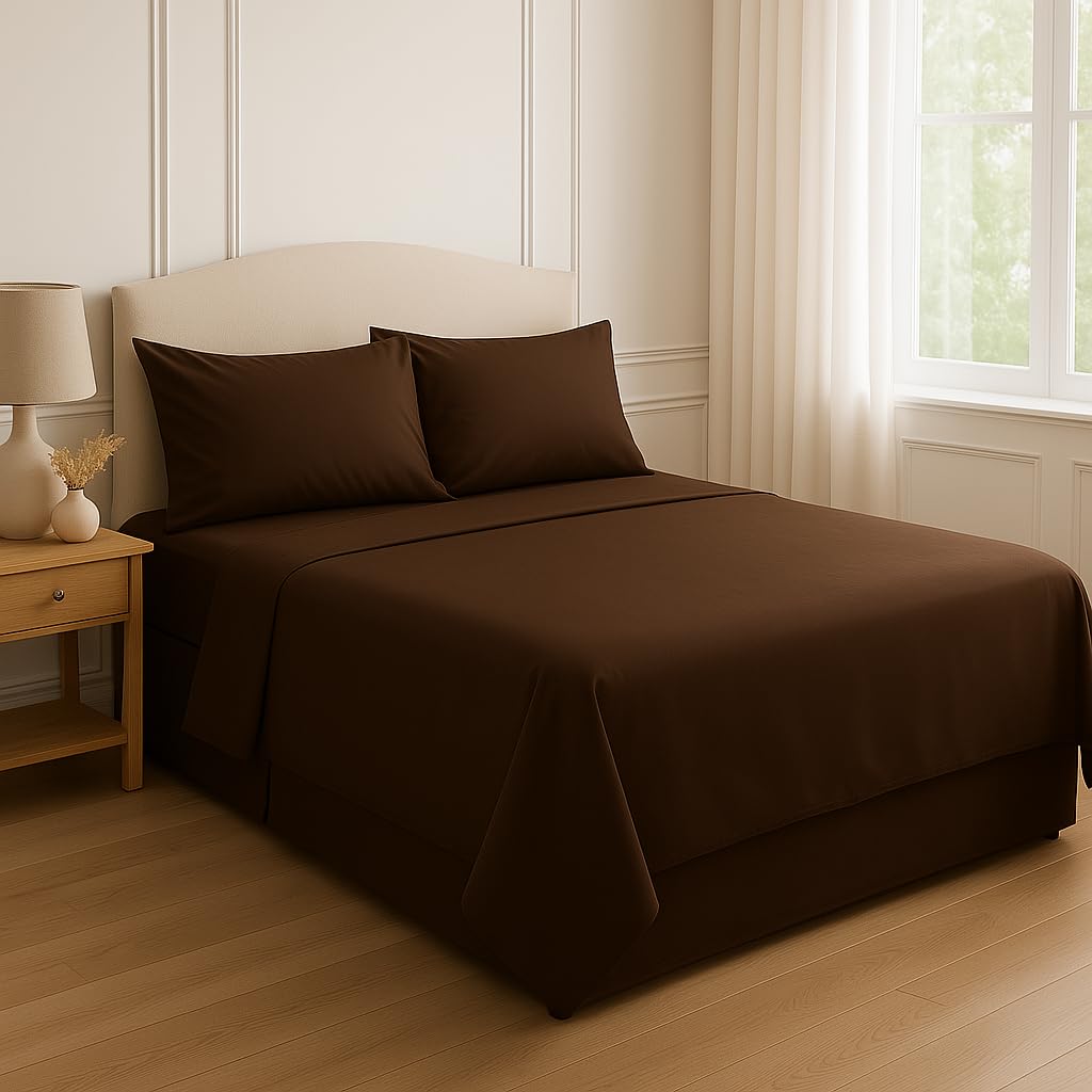 Night Zone Flat Sheet 180 Thread Count Rich Percale Non Iron Bed Linen Soft PolyCotton Blend Plain Dyed Flat Bed Sheets (Double, Chocolate)