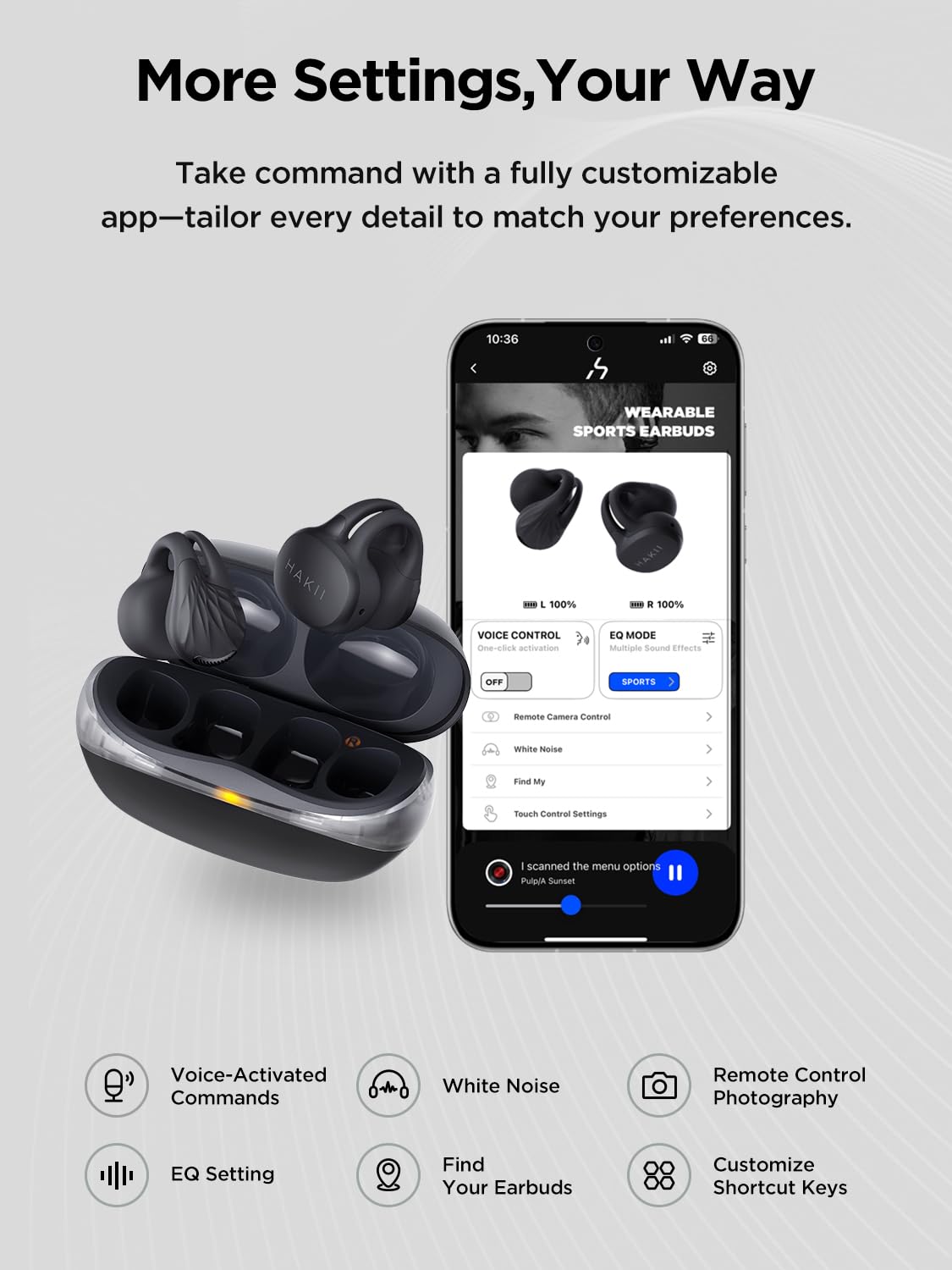 HAKII Auricolari senza fili, auricolari senza fili, Bluetooth 5.4, ergonomici, con clip, con suono stereo/ENC, cuffie aperte con controllo touch, cuffie impermeabili IPX5, per sport, fitness