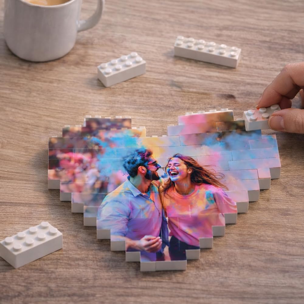 Personalisierbares LEGO Herz mit Foto – 47 LEGO kompatiblen Bausteine – Individuelles Fotogeschenk, 3D Mosaik, Bedruckte Klemmbausteine, Geschenk für Paare, Geburtstag, Valentinstag, Jahrestag (Herz)