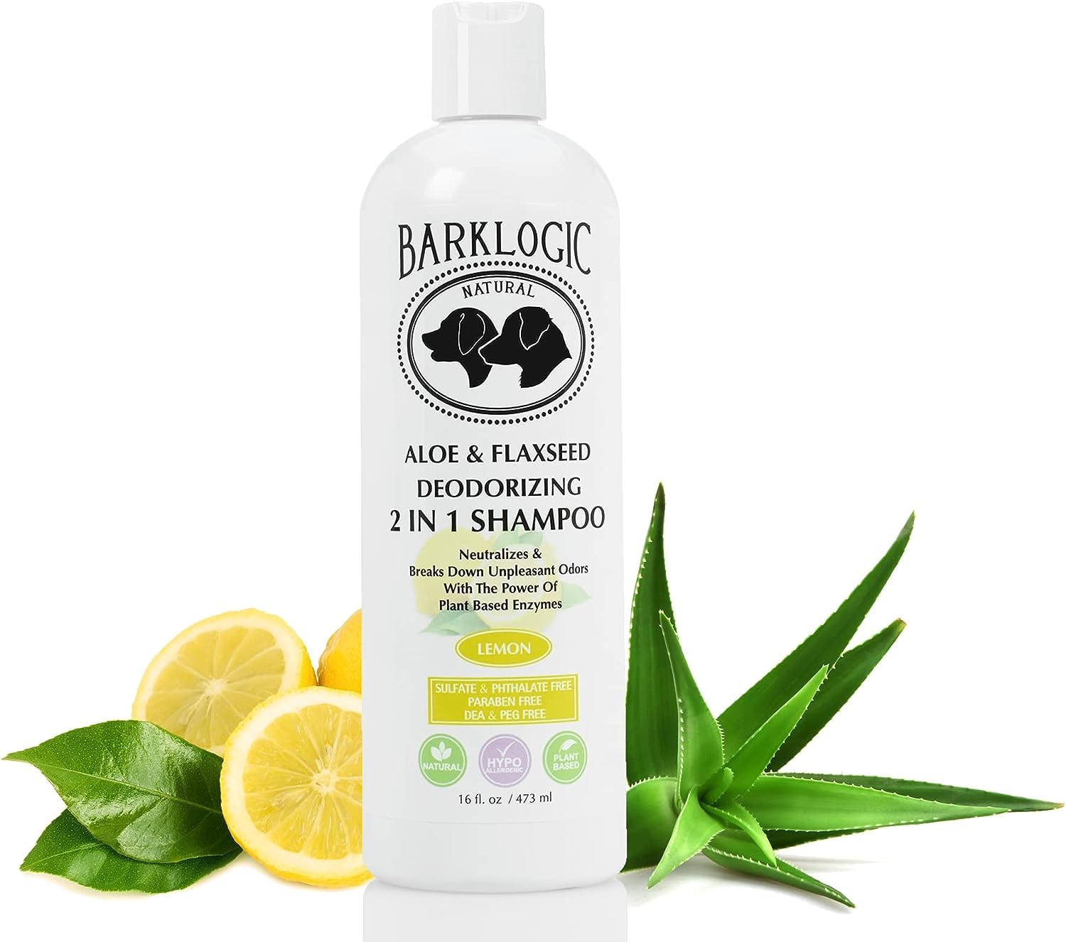 BarkLogic Deodorizing 2 in 1 Shampoo with Aloe and Flaxseed, 16 oz, Lemon - Eliminates Odors On Dogs and Puppies on Contact, Puppy Safe Shampoo and