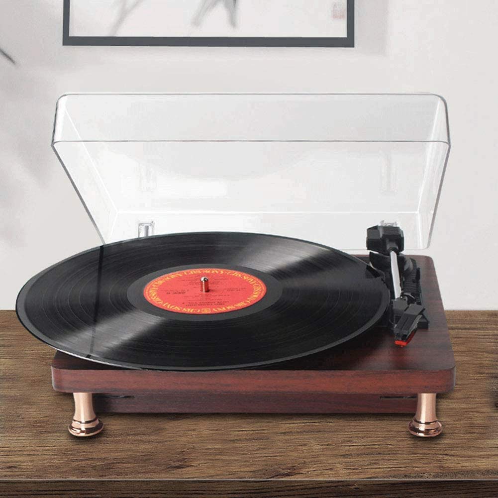 MRKU Giradischi in Vinile, Trasmissione a Cinghia a 3 velocità per Un Suono Superiore, Testina in Ceramica, Altoparlanti Stereo integrati, Ingresso AUX, Uscita RCA e Copertura Antipolvere