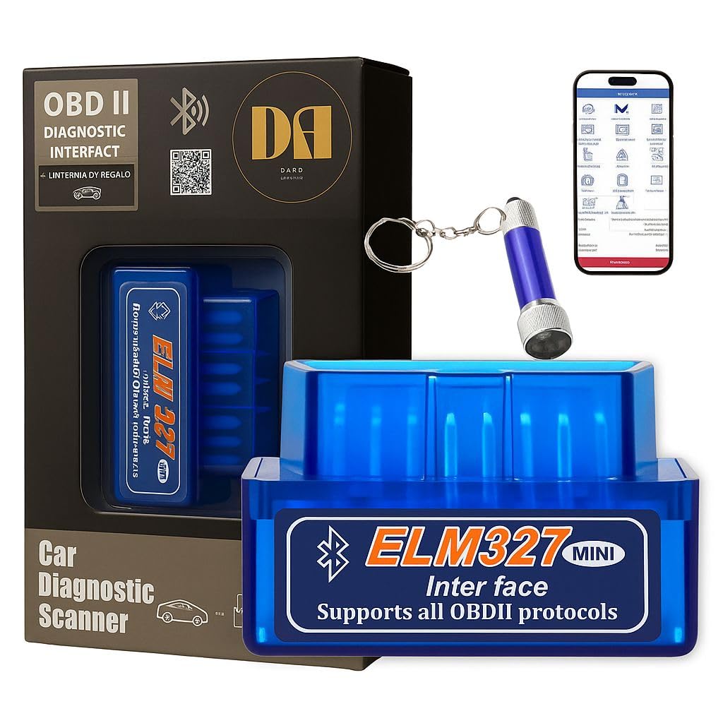 DARO OBD2 Bluetooth ELM327 – Multi-brand Car Diagnosis Reader and Machine in Spanish – OBD2 Diagnosis Scanner Compatible with Android and iOS – Set with External Flashlight to Locate OBD Port