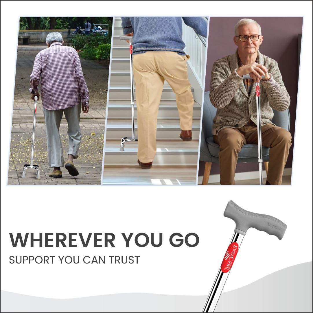 EASYCARE® Walking Stick | Lightweight Aluminium with 10 Height Levels Adjustable | Ergonomic Handle, Anti-Slip Base | Support for Old Age Seniors, Men, Women & Patients (Four Legs) - Image 4 thumbnail