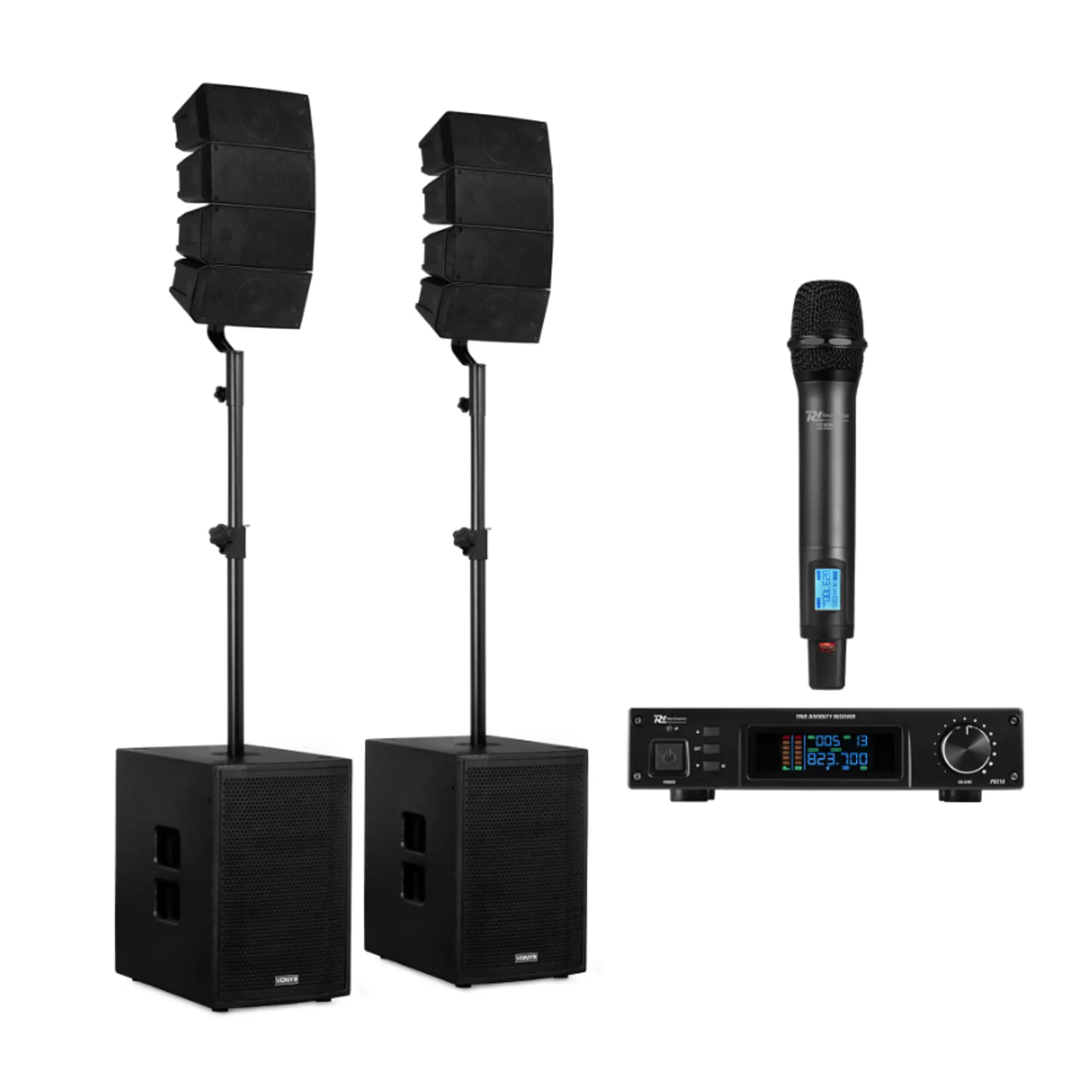 Vonyx VX922 – Pack Sistema PA 2.2 Line Array 1600W con 2 subwoofers 12", Bluetooth 5.0, DSP, Incluye microfono inalambrico UHF PD210 y Cable XLR 0.5m, Equipo Sonido Profesional para DJ y Eventos