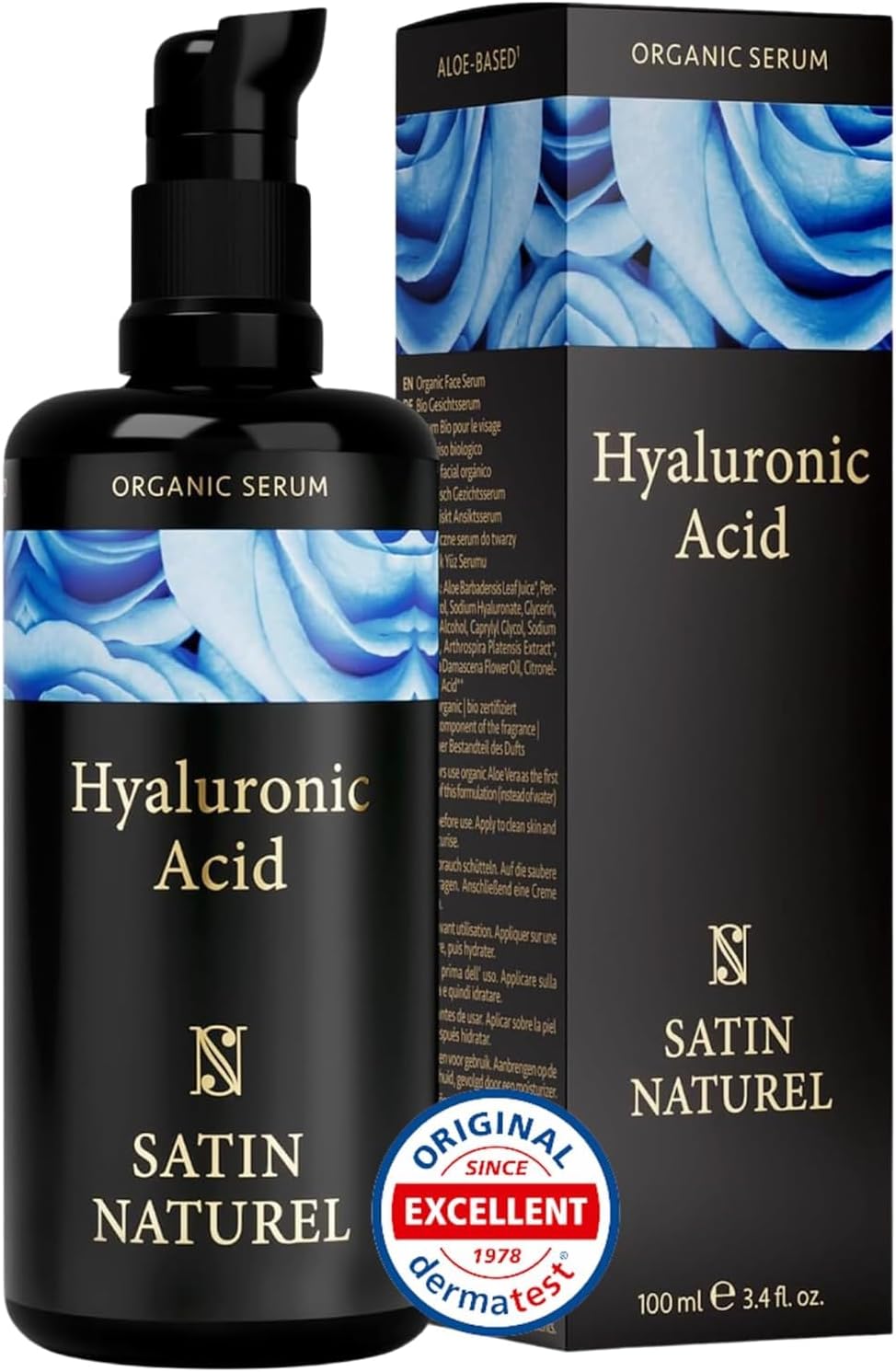 Satin Naturel Organic Hyaluronic Acid Serum Face Moisturizer for Sensitive Skin (100ml) - Dermatologically Tested, Organic Ingredients, No Harmful Chemichals - Reduces Wrinkles and Fine Lines
