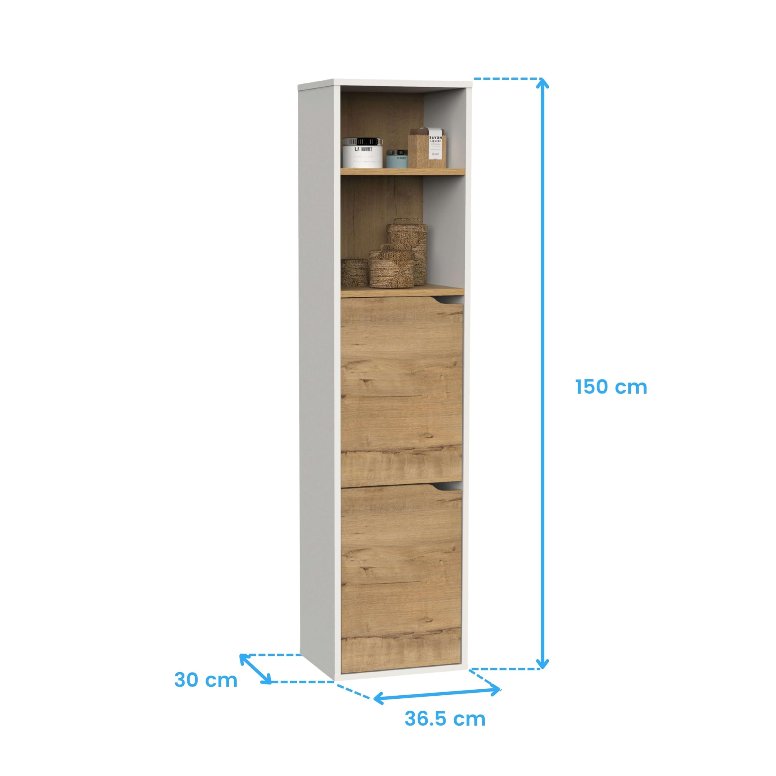 MUEBLES PITARCH Colonna da bagno sospesa Hardware inclusi, Armadio da bagno con 4 ripiani, 2 porte, bianco/rovere oro, 150 x 36,5 x 30 cm (altezza x larghezza x profondità), mobile ausiliario, moderno