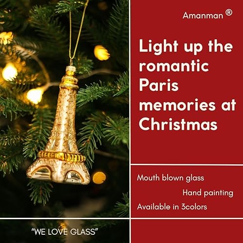 Miniatura 5 de Adornos de Navidad de cristal 2024, adornos de Navidad de la Torre Eiffel, adornos de vidrio soplado para decoración de árbol de Navidad (marrón)