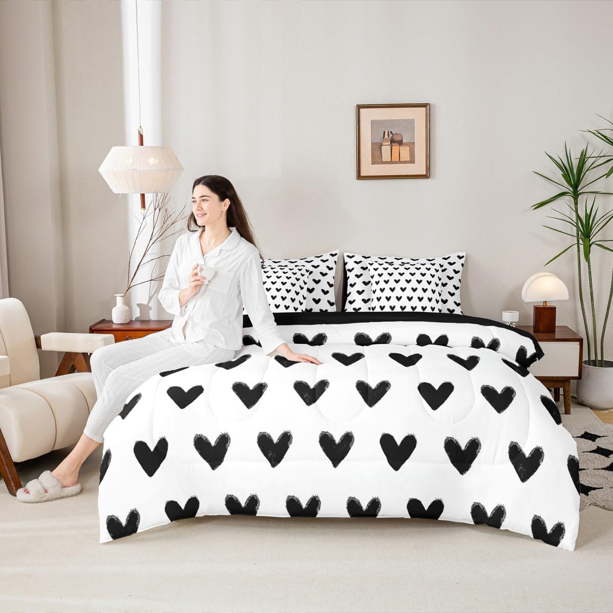Erosebridal Love 7 Piece Comforter Set Twin Black and White Bedding for Women Men Boys Girls Cute Heart Shaped Sheet Set with Comforter Kawaii Bed Set Love Heart Valentine Soft Warm Duvet Insert