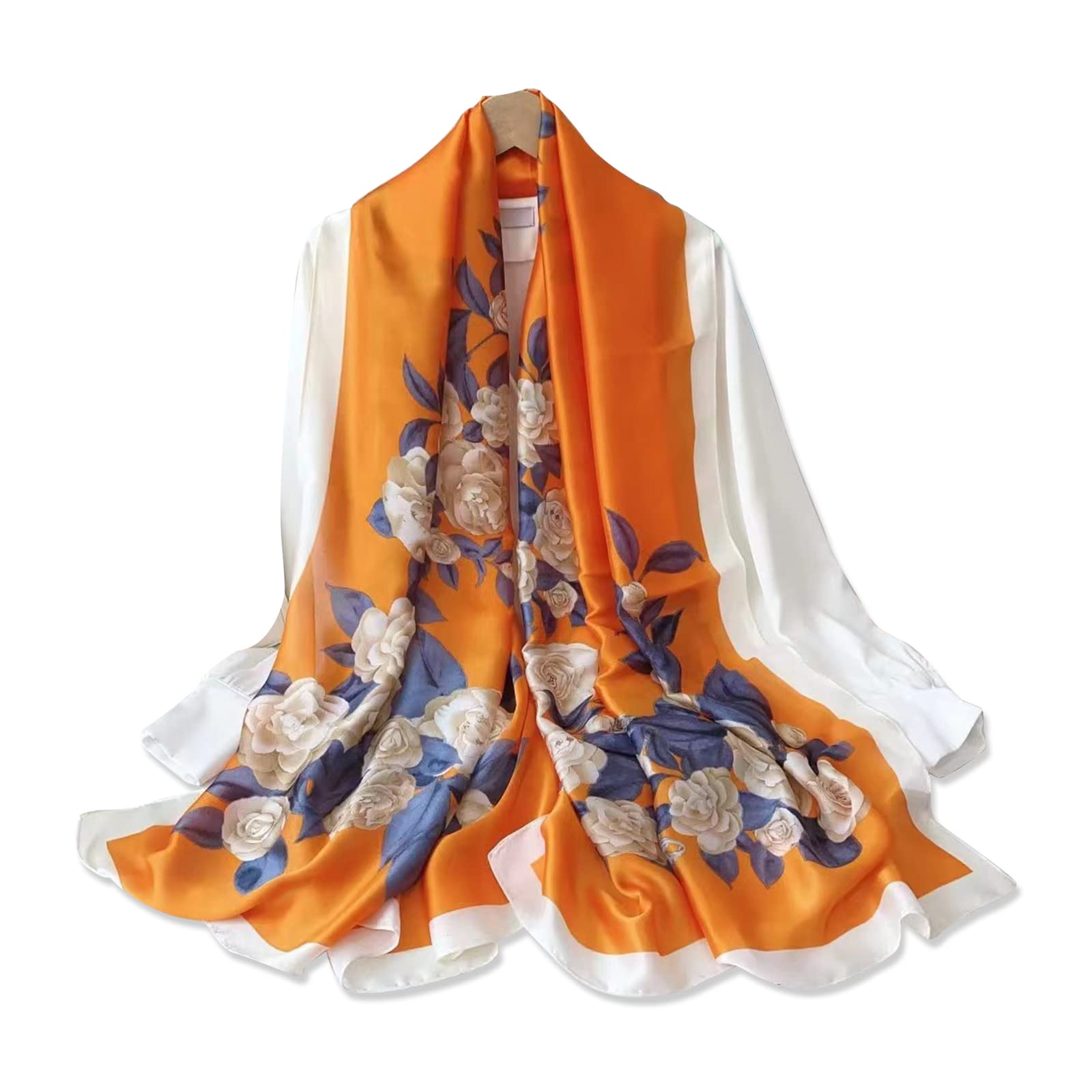 LumiSyne Foulard En Soie Imprimé Feuille Camélia - Écharpe Longue Grande Légère Et Chaude Pour Toutes Saisons