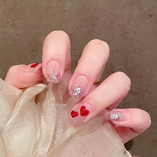 Miniatura 2 de 24 uñas postizas de corazón rojo a presión para el día de San Valentín con diamantes de imitación diseños de lentejuelas con purpurina uñas cortas