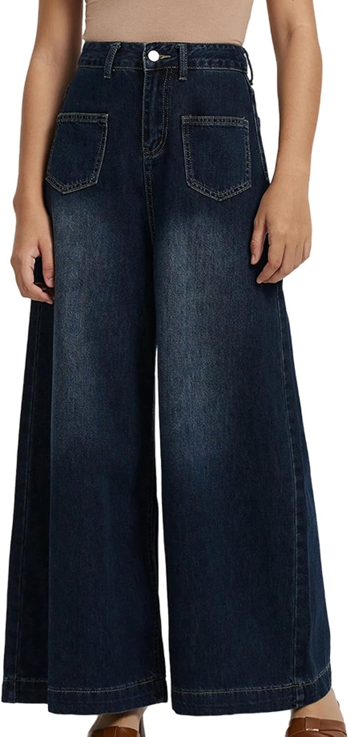 Womens Jeans Trendy Stretch High Waisted Straight Wide Leg Pants Teen Girls Fashion Baggy Casual Denim Pants Trousers