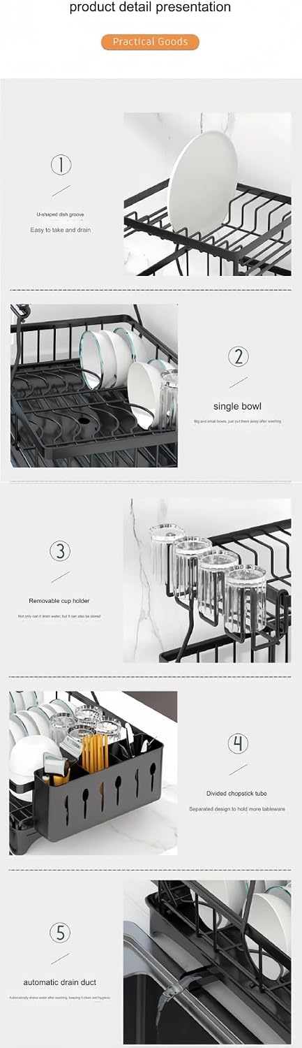 Dish Drying Rack - Space-Saving Dish Rack, Kitchen Countertop Dish Rack, Stainless Steel Kitchen Drying Rack with Cutlery Rack for Kitchen Countertop Sinks(Black)