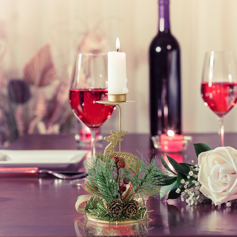 Christmas Candle Holder, 3 Pack Artificial Snowy Pine Needles Pinecone Berry Christmas Candlestick Holders, Christmas Iron Candlestick Holiday Table Centerpiece Home Decorations, 6 x 2.4 Inch