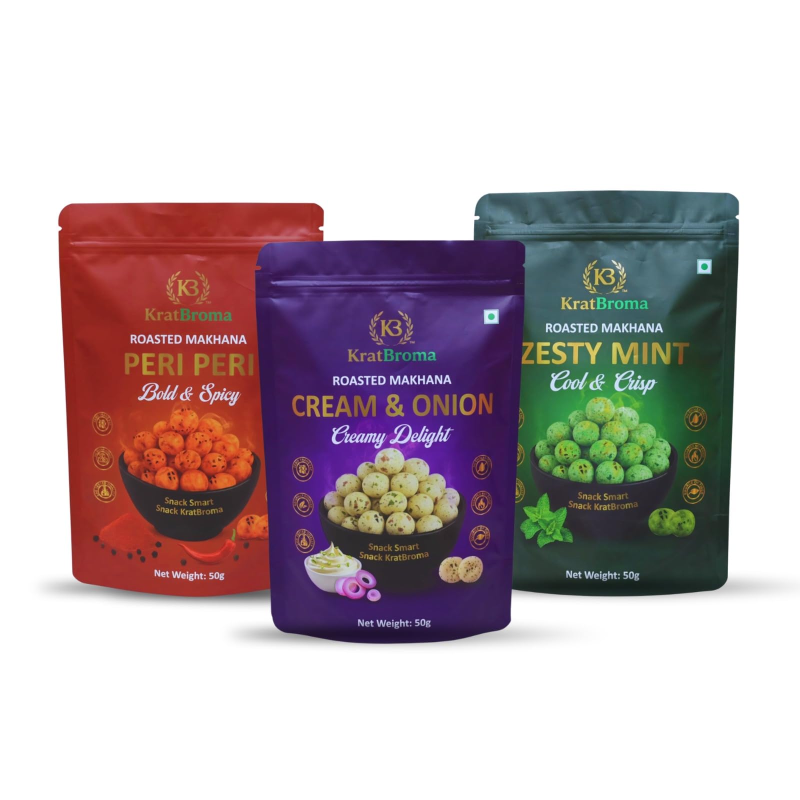KratBroma Roasted Makhana Trio Pack – Peri Peri, Cream & Onion, Zesty Mint | Healthy Fox Nuts Snacks | Low Calorie | No Cholesterol | 50g Each (Pack of 3)-image-34