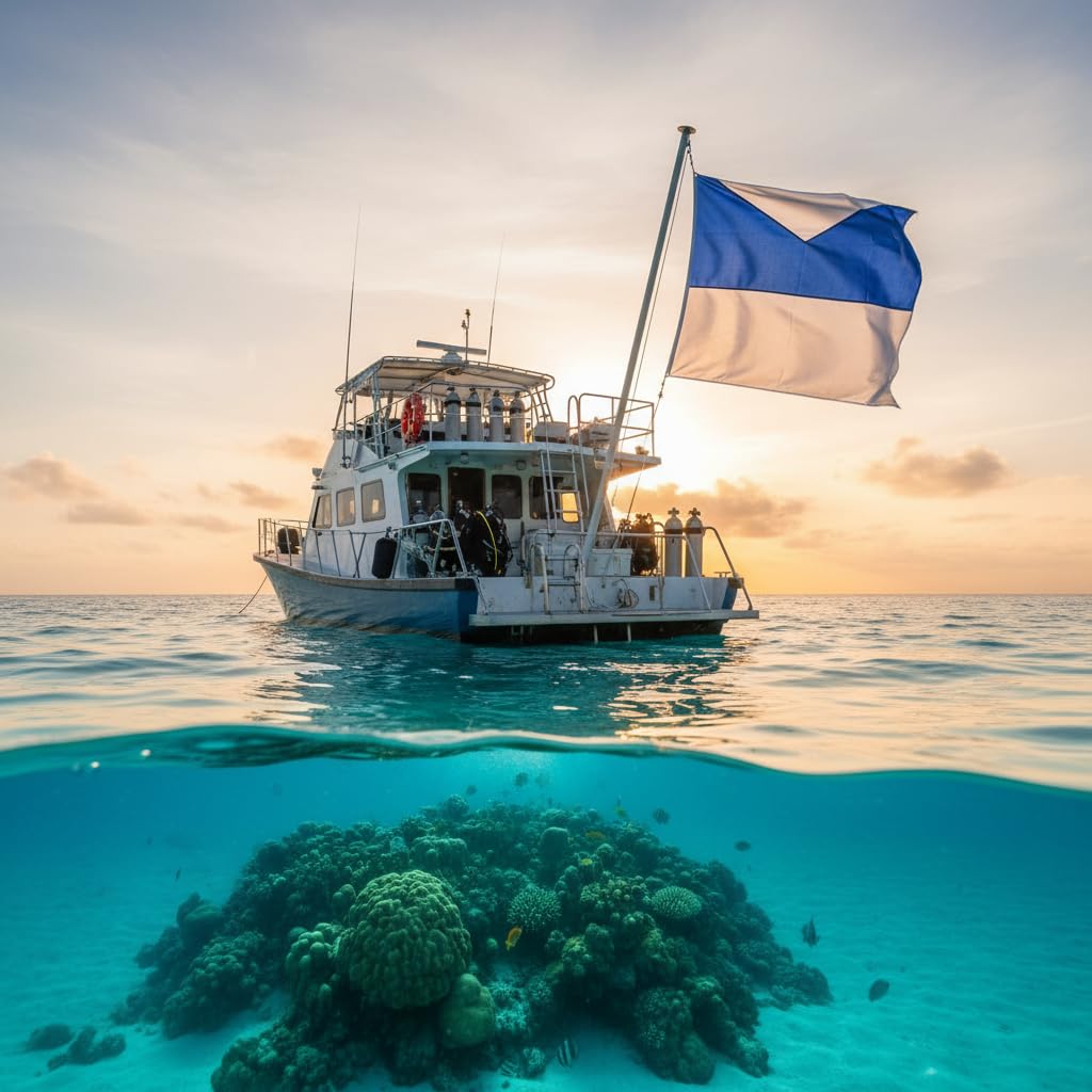 Dive Boat Alpha Flag Lekkie Nurkowanie Niebiesko-białe Flagi 70x60cm Poliestrowa Flaga Nurka z Jasnymi Kolorami do Nurkowania Pod Wodą