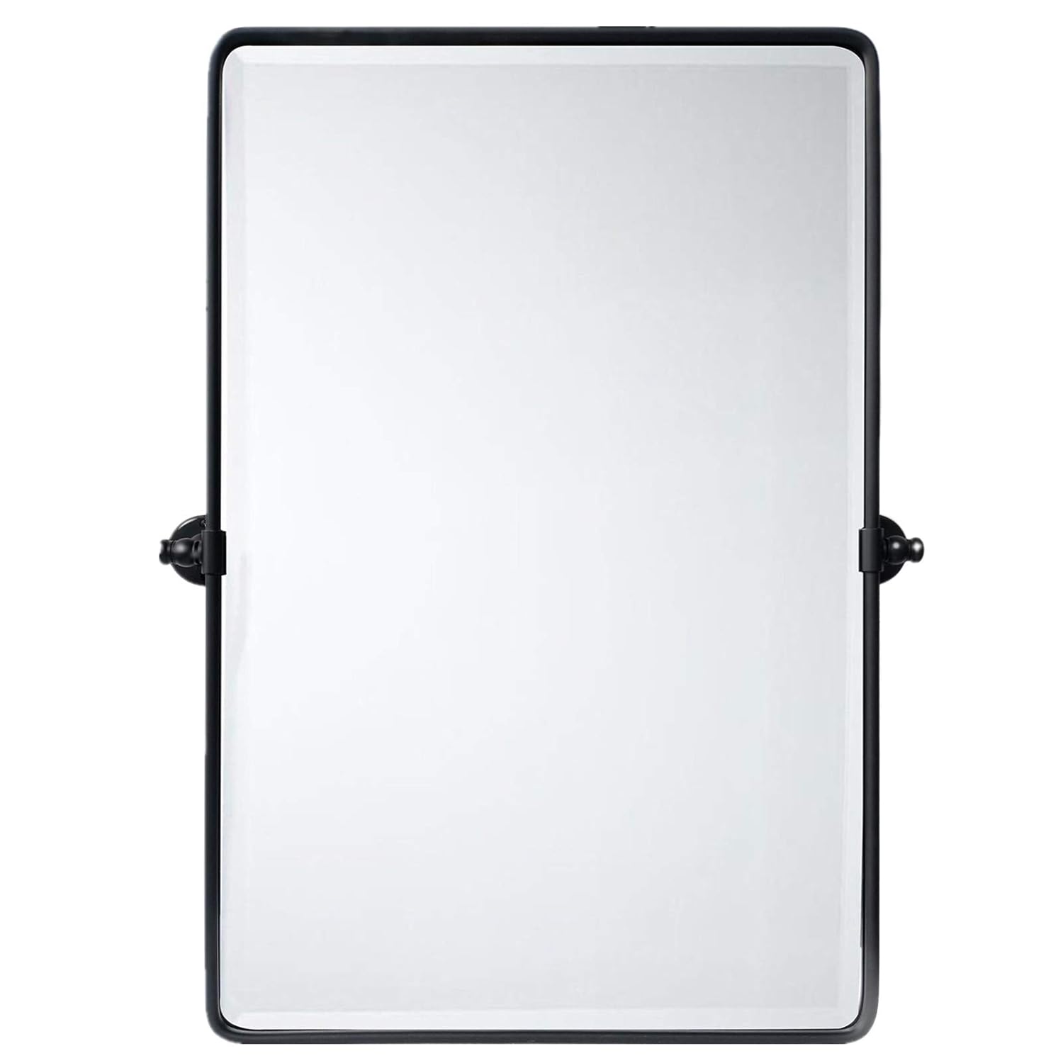 TEHOME Matt Black Pivot Rectangle Bathroom Vanity Mirrror Farmhouse Tiltable Rounded Metal Framed Pivoting Bathroom Mirror with Beveled