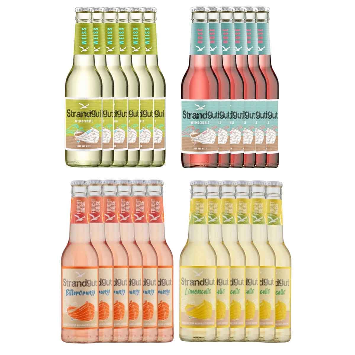 Probierpaket Strandgut 4 x 6 x 275 ml: 6x Weinschorle weiß, 6x Weinschorle Rosé, 6 x Fruchtbrise Limoncello, 6 x Fruchtbrise Bitter Orange