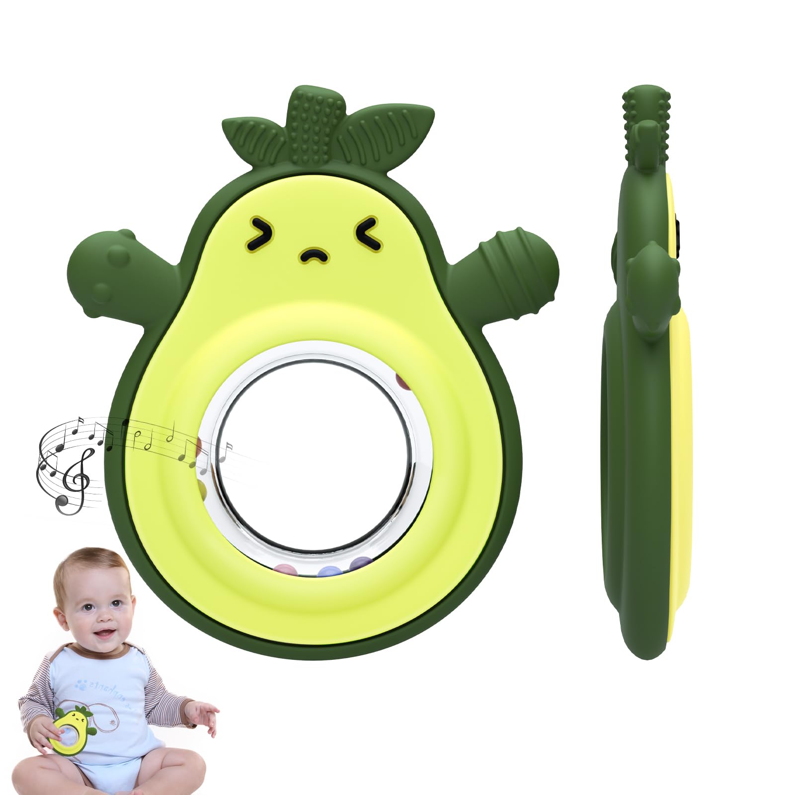 Baby Rattles Teething Toy for Babies 0-6 Months Avocado Design BPA Free Teething Relief for Infant 3-24 Months
