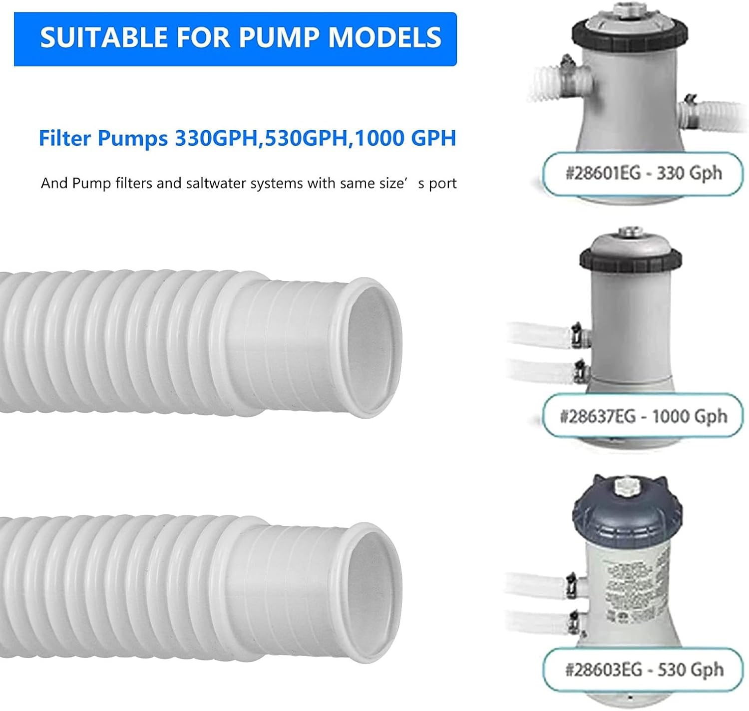 1.5” x 41” Pool Pump Replacement Hose, 2-Pack Above-Ground Pool Hoses with 4 Stainless Steel Clamps, Compatible with Intex, Coleman, Summer Waves Pool Pumps & Filters (3 PACK Blue)