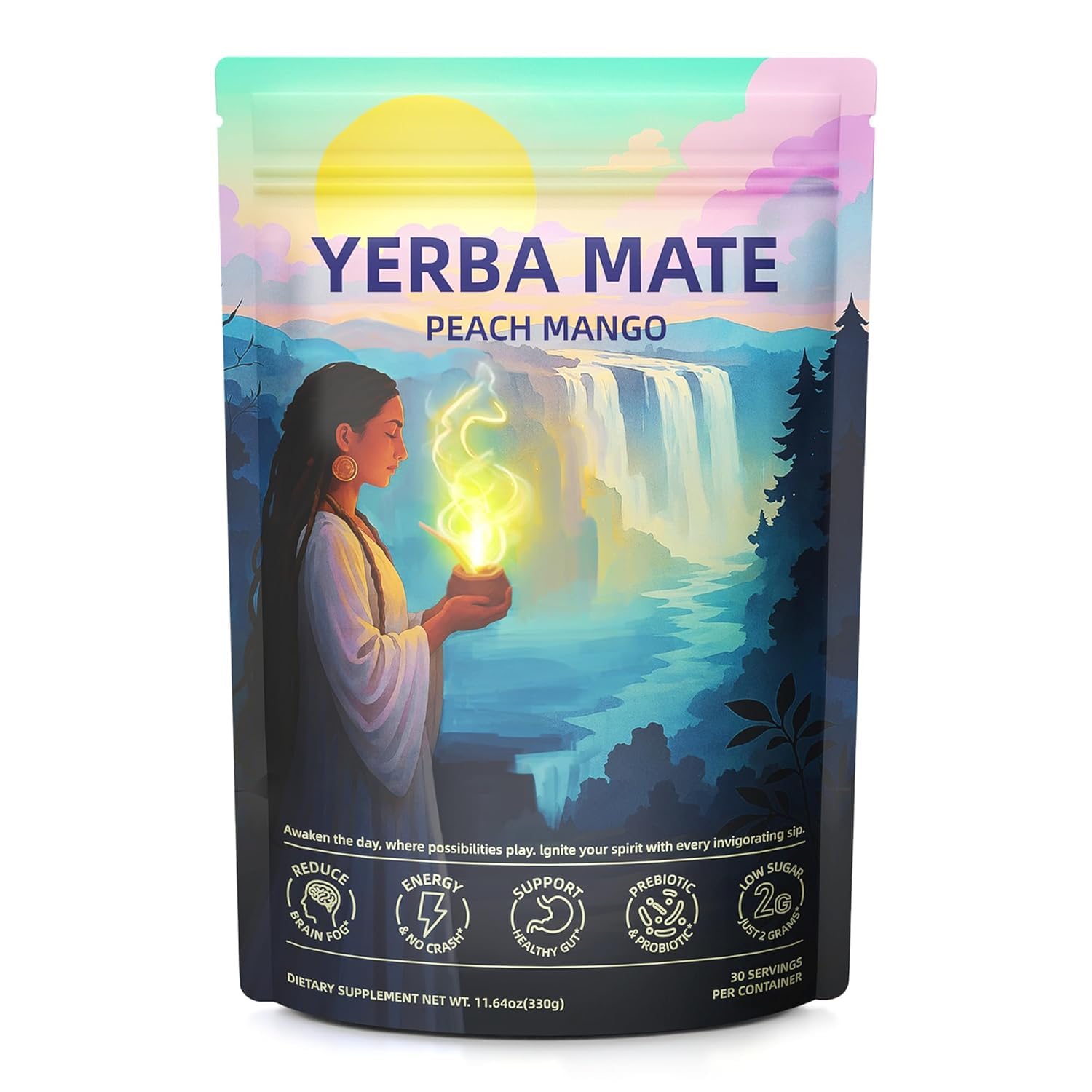 Yerba Mate Instant Tea Powder, Super Yerba MateTea for Natural Energy & Gut Health, Reduce Brain Fog, Low Sugar Yerba Mate Tea with Prebiotics and Probiotics, Peach Mango 30 Servings