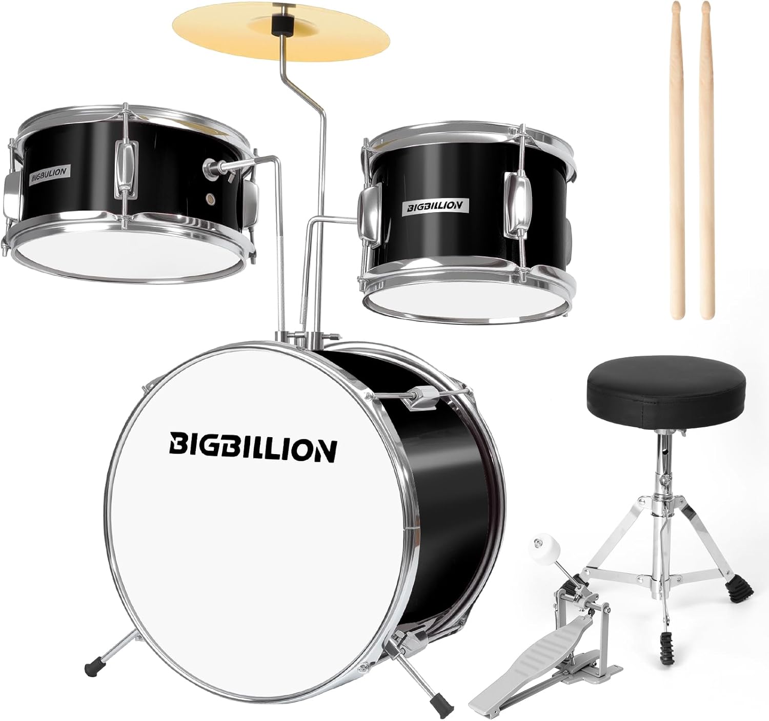 Drum Set for Kids 3-Piece 14'' Beginner Kids Drum Kit Junior Drum Set with Bass Tom Snare Drum with Adjustable Throne, Cymbal, Pedal, Drumsticks (Black)