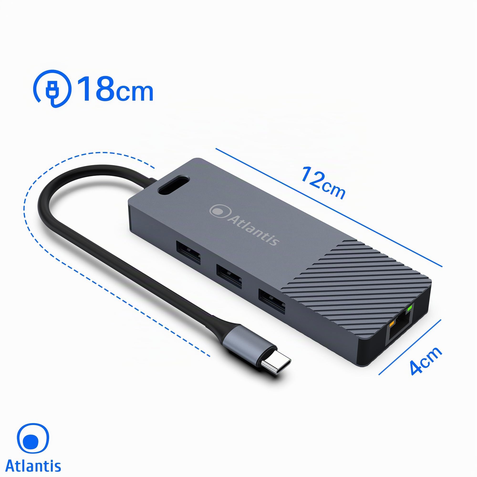 ATLANTIS Docking Station USB-C con Dual Display HDMI 4K, LAN Gigabit RJ45 | 3 porte USB 3.0, PD 85W, cavo 18 cm, compatibile con notebook, cod. A04-TC_DK48