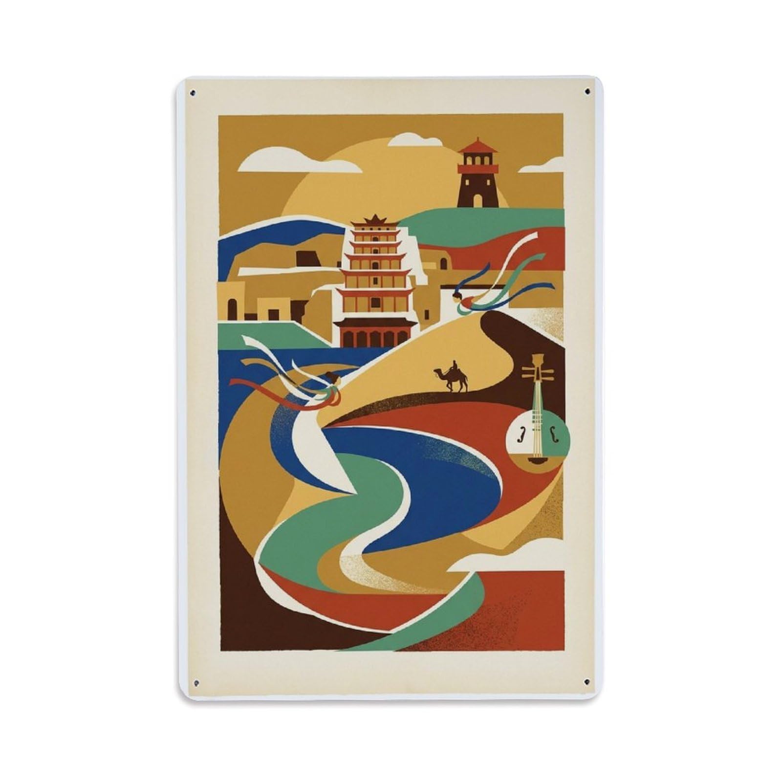 Okngb Style Chinese Cityscape Travel Dunhuang Old School Graphic Metal Tin Sign Plaque Wall Decor For Cafe, Man Cave, Club Bar, Office, Home Garden Round Metal Poster 8X12inch
