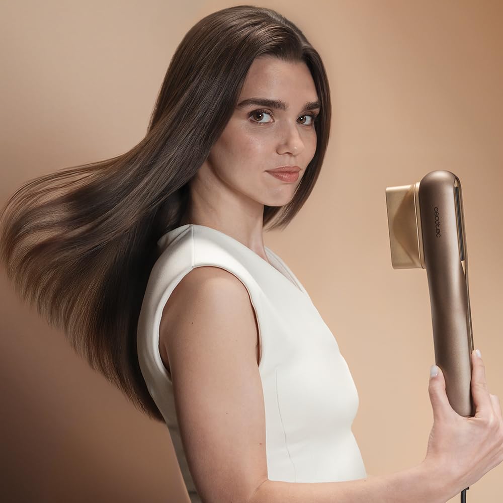Cecotec Plancha de Pelo con Aire AirLisse 2in1 ForceDry Champagne. 1120000RPM, Flujo de Aire 19,7 Litros por Segundo, 2 Cabezales Imantados, Plasma, Motor Brushless, 4 Temperaturas y 2 Velocidades