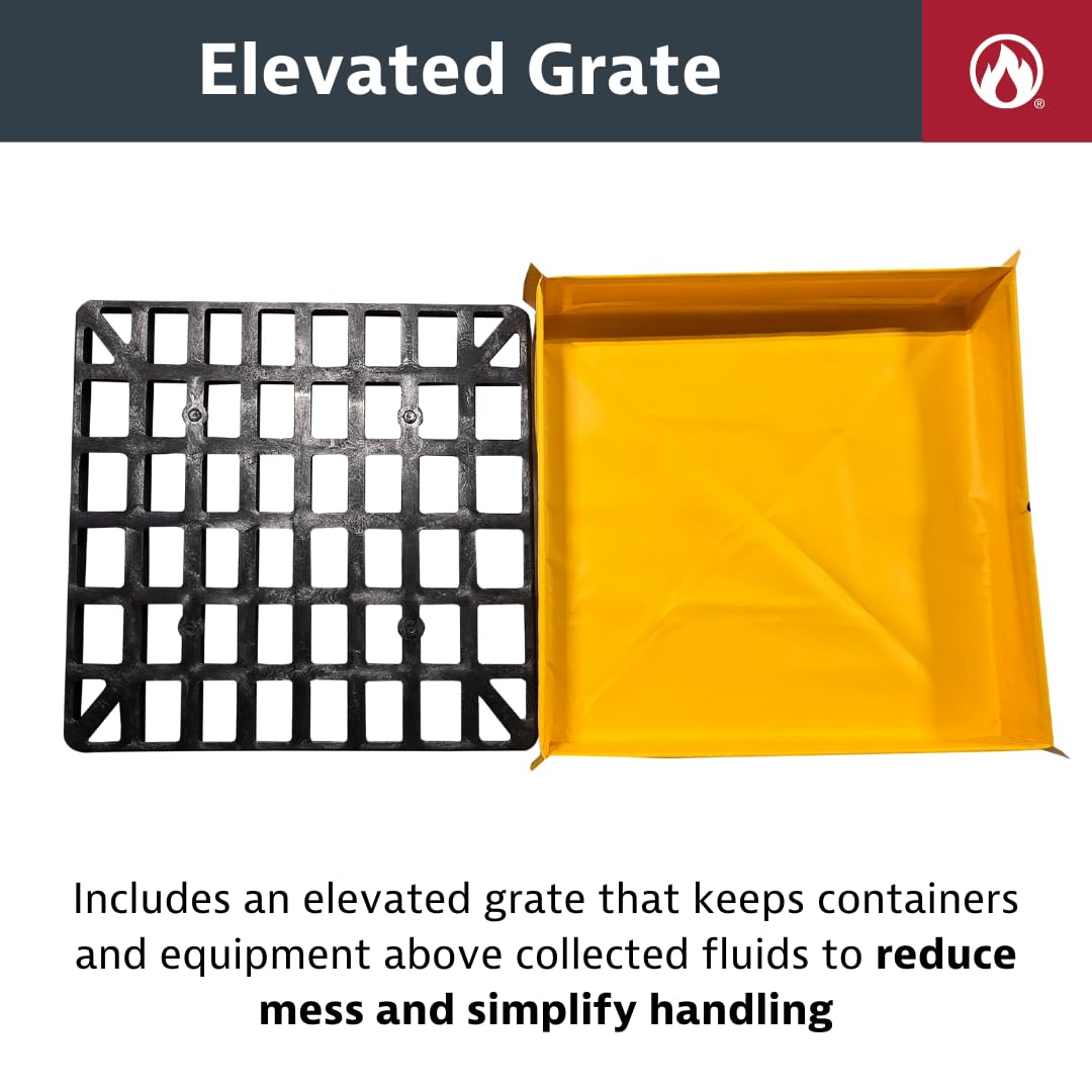 Justrite Collapsible Utility Tray with Plastic Grate, 25.5" x 25.5" x 4", 8 Gallon Capacity Folding Oil Drip Tray for Under Car, Trucks, Machinery, 18oz Yellow PVC, Made in The USA, 28587