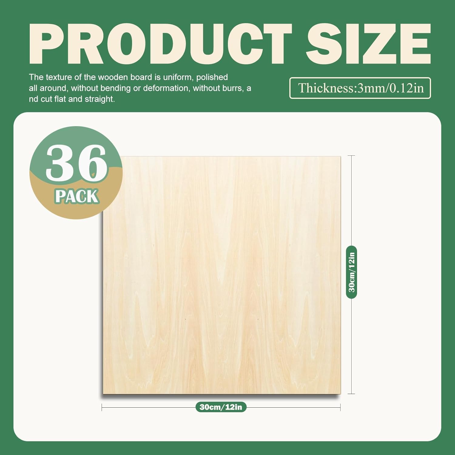 36 Pack 12"x12" Basswood Sheets 1/8", 3mm for Laser Cutting, Unfinished Wood, Craft Wood, Plywood for DIY Ornaments and Models