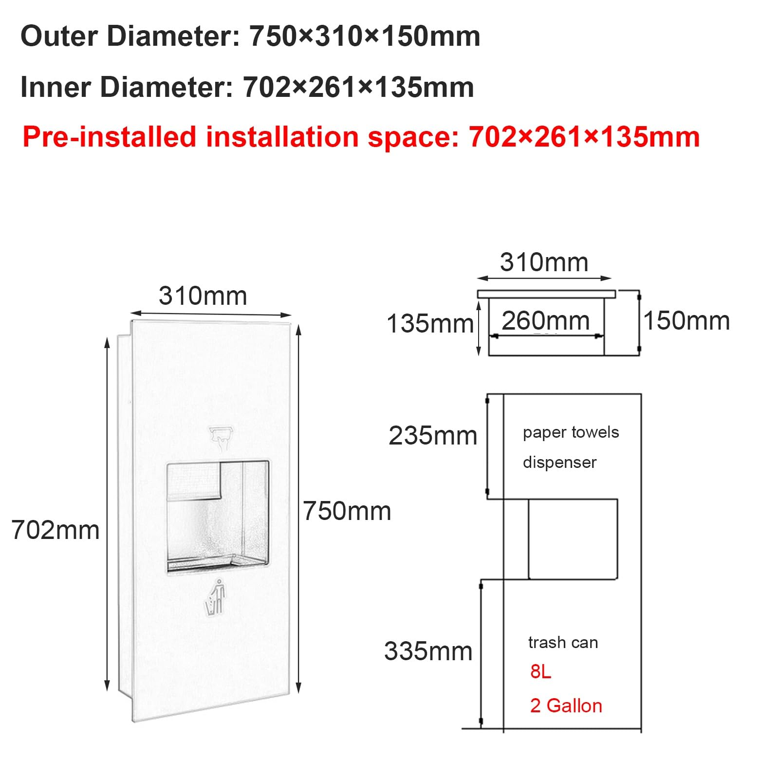 Dispensador Papel Secamanos Empotrado en Acero Inoxidable 304 con Cubo Basura, Dispensador de Papel de Manos, Cubo Basura Cocina, Ideal para Baños Alto Tránsito(Silver,750x310x150mm)