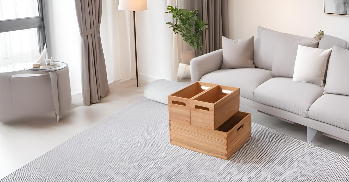 Wooden Baskets for Clothes Storage and Shelf Organizing -Natural Wood Decorative Storage Boxes with Handles for Office Bookshelf and Closet- Cabinets Cube Bins Organizer Light (3TH-LT)