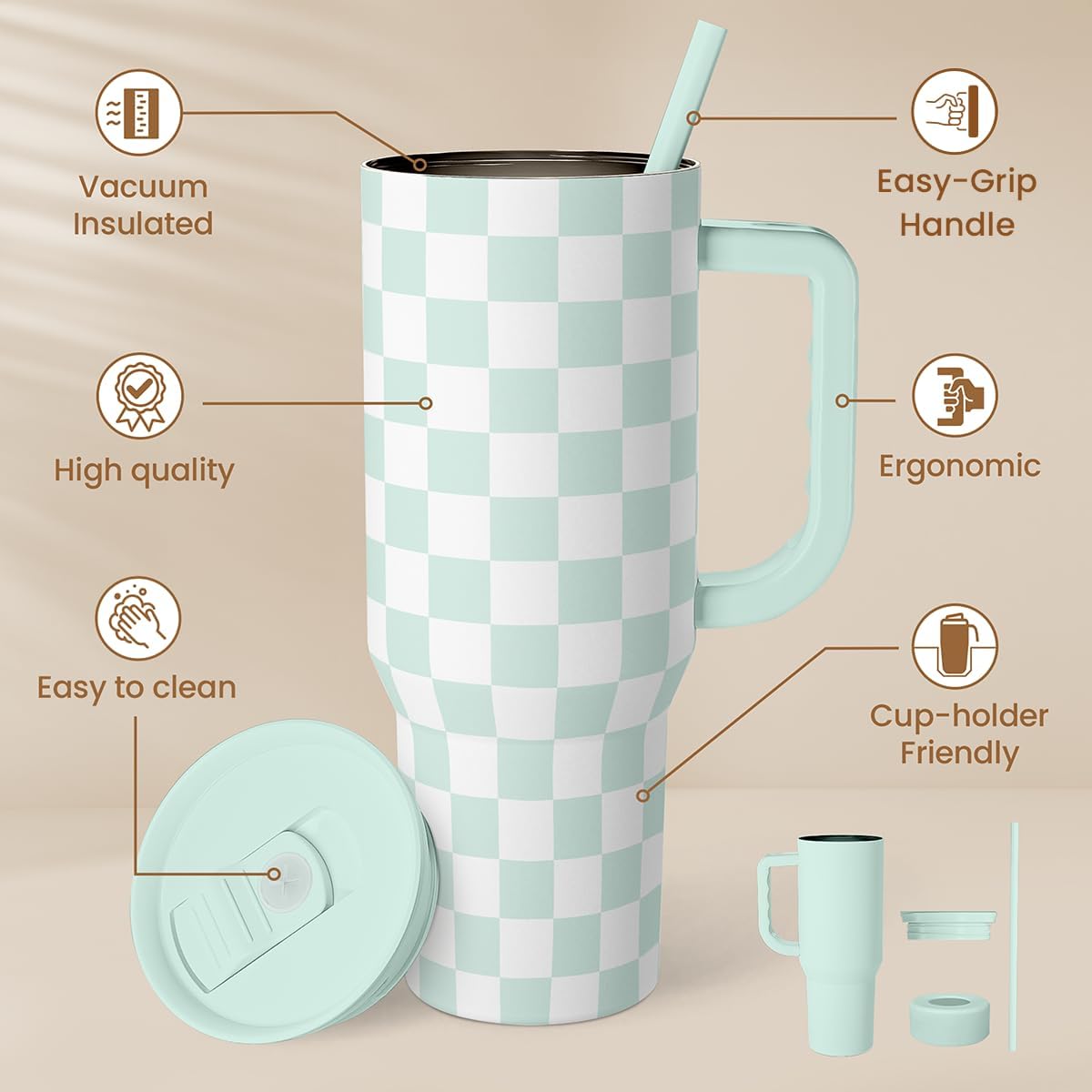SANDJEST Checkered Tumbler with Handle 40oz, Mint Checker Cup Stainless Steel Insulated Tumblers Coffee Travel Mug Cups with Straw, Gifts for Women Girls Teen Birthday Christmas - Image 2