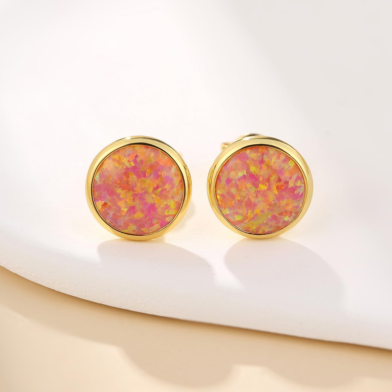 Jiamiaoi 18K White Gold Plated Opal Earrings, Multi Colors Opal Stud Earrings For Women Men, 6mm-8mm Options, 925 Sterling Silver Hypoallergenic Earring