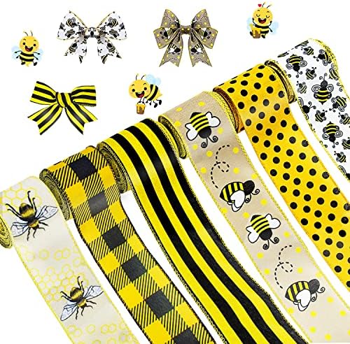 Mlurcu Bee Ribbons 6 Rolls Bee Wired Ribbon Sewing DIY Craft Bee Fabric 40 Yards 2.5 Inch Yellow Ribbon Stripe Gingham Dot Summer Ribbon Craft Bees for Bows Wreaths Wrapping Party Decorative